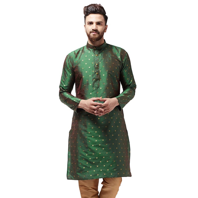 Sojanya (Since 1958 Men'S Silk Blend Dark Green Printed Only Long Kurta, Size 40 - Image 1